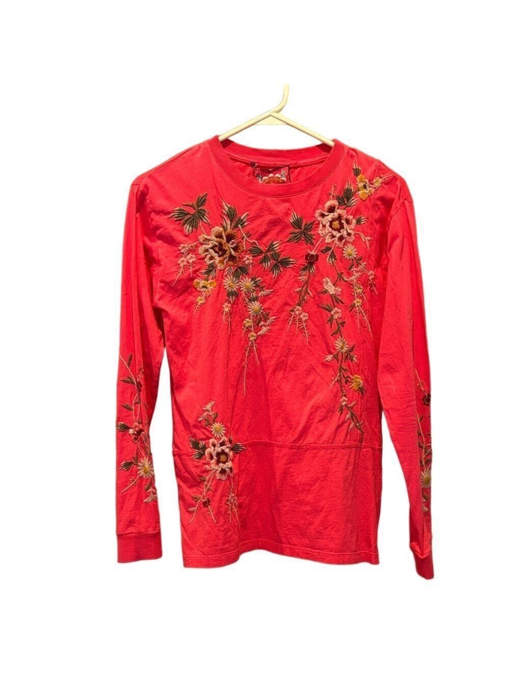Johnny Was Pink Fuchsia Floral Embroidered Seamed Long Sleeve Cotton Tee - XXS